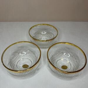 Vintage Italian Blown Crystal Dessert Bowls 24K Gold Trim - Set of 3